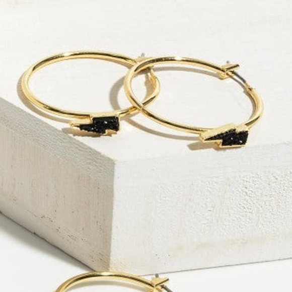 Black Lightning Druzy Gold Hoop Earrings - Picture 2 of 3